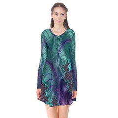 Fractal Turquoise Feather Swirl Long Sleeve V-neck Flare Dress by Sudhe