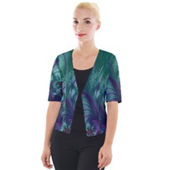 Fractal Turquoise Feather Swirl Cropped Button Cardigan