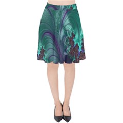 Fractal Turquoise Feather Swirl Velvet High Waist Skirt by Sudhe