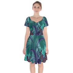 Fractal Turquoise Feather Swirl Short Sleeve Bardot Dress by Sudhe