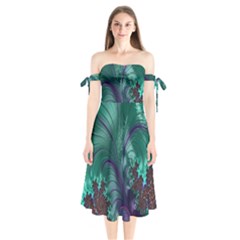 Fractal Turquoise Feather Swirl Shoulder Tie Bardot Midi Dress by Sudhe