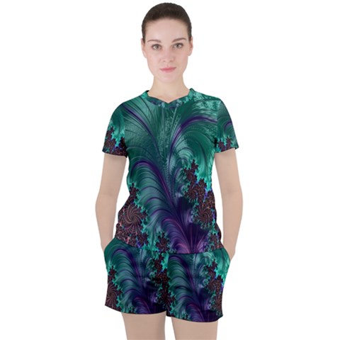 Fractal Turquoise Feather Swirl Women s Tee And Shorts Set by Sudhe