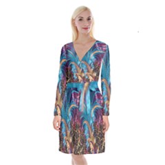 Fractal Art Artwork Psychedelic Long Sleeve Velvet Front Wrap Dress by Sudhe