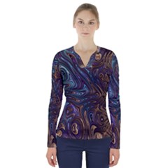 Fractal Art Artwork Globular V-neck Long Sleeve Top by Sudhe