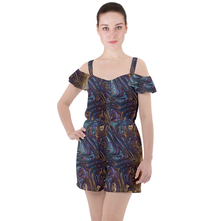 Fractal Art Artwork Globular Ruffle Cut Out Chiffon Playsuit