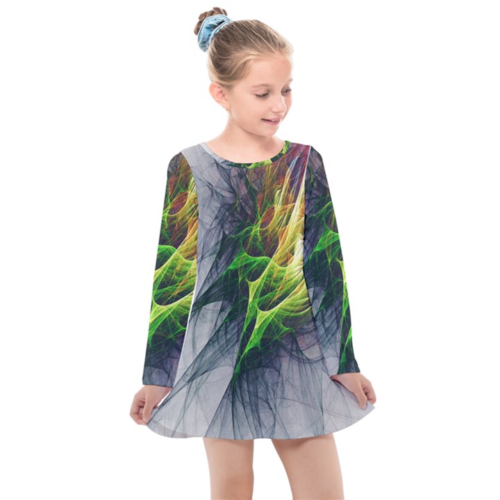 Fractal Art Paint Pattern Texture Kids  Long Sleeve Dress