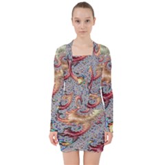 Fractal Artwork Design Pattern V-neck Bodycon Long Sleeve Dress