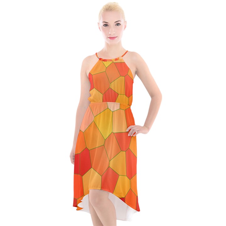 Background Pattern Of Orange Mosaic High-Low Halter Chiffon Dress 