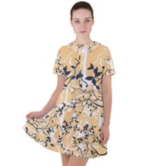 Floral Pattern Background Short Sleeve Shoulder Cut Out Dress 