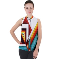 Diamond Acrylic Paint Pattern Mock Neck Chiffon Sleeveless Top