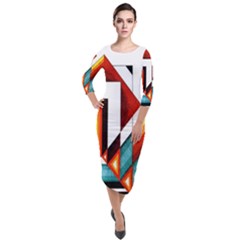 Diamond Acrylic Paint Pattern Quarter Sleeve Midi Velour Bodycon Dress