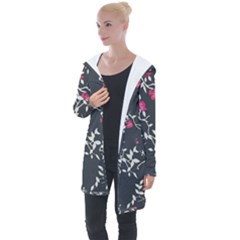 Black And White Floral Pattern Background Longline Hooded Cardigan