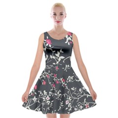 Black And White Floral Pattern Background Velvet Skater Dress by Sudhe