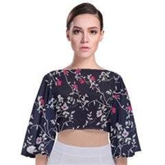 Black And White Floral Pattern Background Tie Back Butterfly Sleeve Chiffon Top