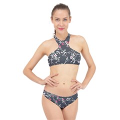 Black And White Floral Pattern Background High Neck Bikini Set