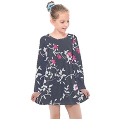 Black And White Floral Pattern Background Kids  Long Sleeve Dress