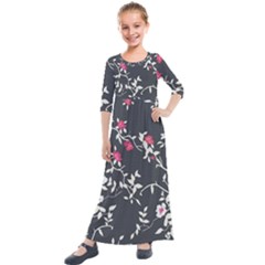 Black And White Floral Pattern Background Kids  Quarter Sleeve Maxi Dress