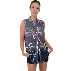 Black And White Floral Pattern Background Sleeveless Chiffon Button Shirt