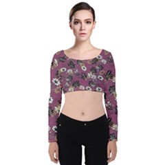 Beautiful Floral Pattern Background Velvet Long Sleeve Crop Top