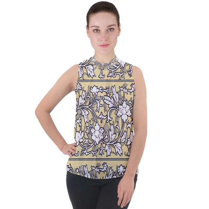 Floral Pattern Background Mock Neck Chiffon Sleeveless Top