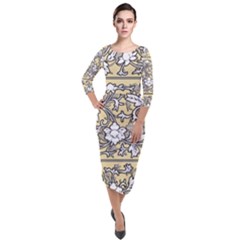 Floral Pattern Background Quarter Sleeve Midi Velour Bodycon Dress