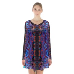 Kaleidoscope Art Pattern Ornament Long Sleeve Velvet V-neck Dress by Sudhe