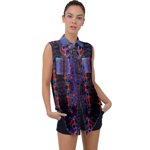 Kaleidoscope Art Pattern Ornament Sleeveless Chiffon Button Shirt by Sudhe