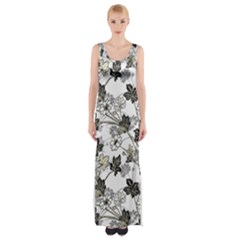 Black And White Floral Pattern Background Maxi Thigh Split Dress