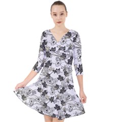 Black And White Floral Pattern Background Quarter Sleeve Front Wrap Dress by Sudhe