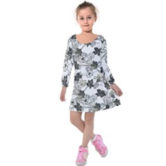 Black And White Floral Pattern Background Kids  Long Sleeve Velvet Dress by Sudhe