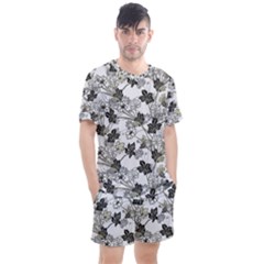 Black And White Floral Pattern Background Men s Mesh Tee And Shorts Set