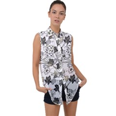 Black And White Floral Pattern Background Sleeveless Chiffon Button Shirt