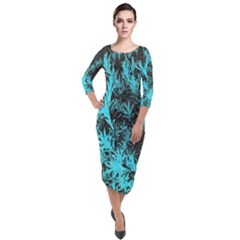 Blue Etched Background Quarter Sleeve Midi Velour Bodycon Dress