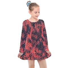 Orange Etched Background Kids  Long Sleeve Dress