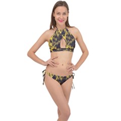 Artistic Yellow Background Cross Front Halter Bikini Set