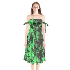 Green Etched Background Shoulder Tie Bardot Midi Dress by Sudhe