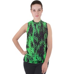 Green Etched Background Mock Neck Chiffon Sleeveless Top