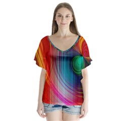 Background Color Colorful Rings V-neck Flutter Sleeve Top by Sudhe