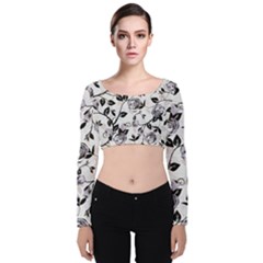 Floral Pattern Background Velvet Long Sleeve Crop Top