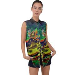 Abstract Transparent Background Sleeveless Chiffon Button Shirt