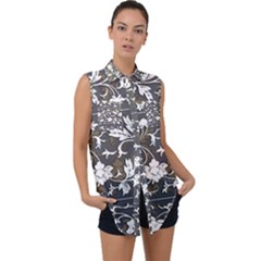 Floral Pattern Background Sleeveless Chiffon Button Shirt