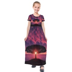 Flight Landscape Nature Sky Kids  Short Sleeve Maxi Dress