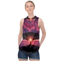 Flight Landscape Nature Sky High Neck Satin Top