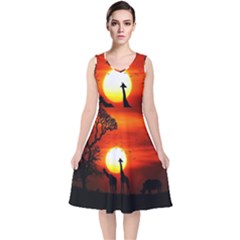 Animals Birds Dawn Giraffe V-neck Midi Sleeveless Dress  by Sudhe