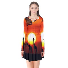 Animals Birds Dawn Giraffe Long Sleeve V-neck Flare Dress by Sudhe