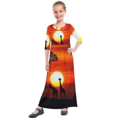 Animals Birds Dawn Giraffe Kids  Quarter Sleeve Maxi Dress by Sudhe