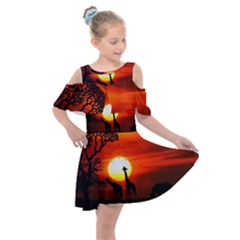 Animals Birds Dawn Giraffe Kids  Shoulder Cutout Chiffon Dress