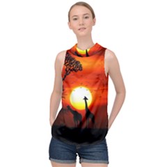 Animals Birds Dawn Giraffe High Neck Satin Top