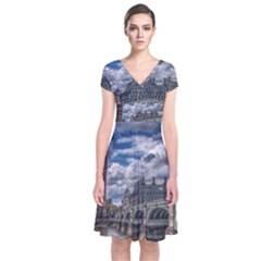 Architecture Big Ben Bridge Buildings Short Sleeve Front Wrap Dress by Sudhe