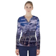 Architecture Big Ben Bridge Buildings V-neck Long Sleeve Top by Sudhe